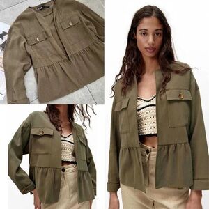 ZARA Size LARGE Olive Green Peplum Utility Field Jacket